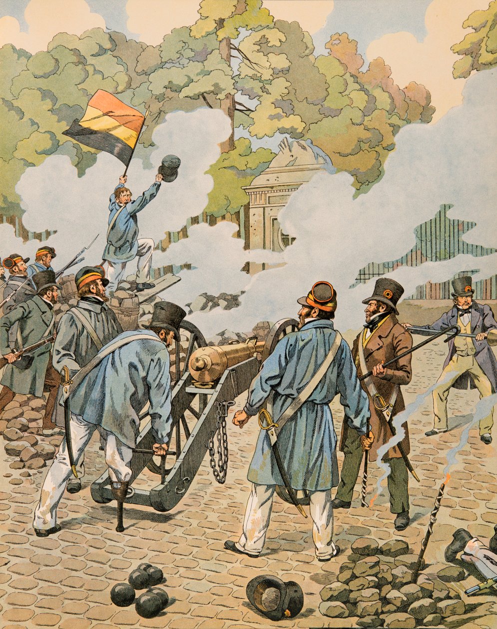 Jacques Marie Gaston Onfroy de Breville dit JOB (1858-1931) - Belgiens historia: Jean Joseph Charlier (1794 - 1866) säger att träbenet riktar sitt artilleristycke mot de holländska trupperna som samlades i parken i Bryssel i september 1830, privat Överste av pseudonym for Onfray de Breville Jacques Job