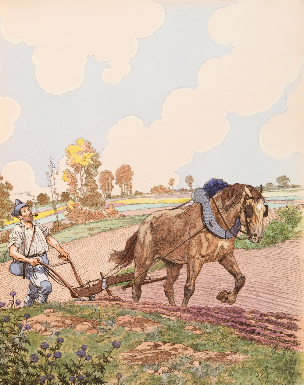 Jacques Marie Gaston Onfroy de Breville dit JOB (1858-1931) - Le retour à la terre (fransk militär återvänder till sitt fält efter första världskrigets slut), Privat samling av pseudonym for Onfray de Breville Jacques Job