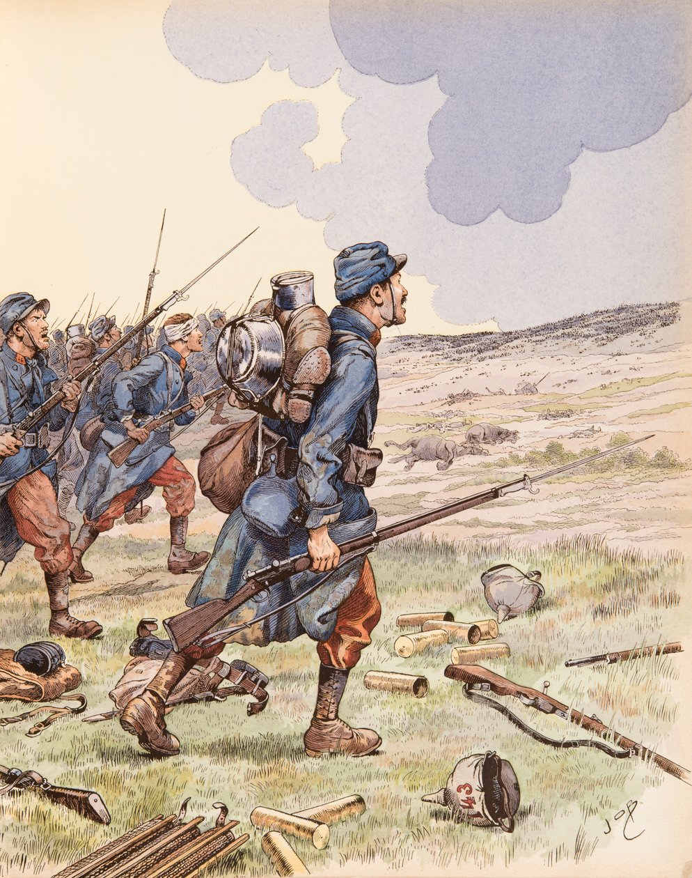 Jacques Marie Gaston Onfroy de Breville dit JOB (1858-1931) - Les poilus under slaget vid Marne under första världskriget, privat samling av pseudonym for Onfray de Breville Jacques Job