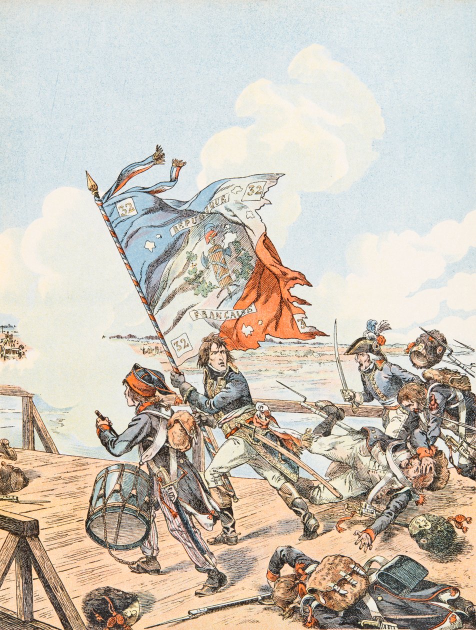 Jacques Marie Gaston Onfroy de Breville dit JOB (1858-1931) - Napoleon Bonaparte vid bron av Arcole 1796, privat samling av pseudonym for Onfray de Breville Jacques Job