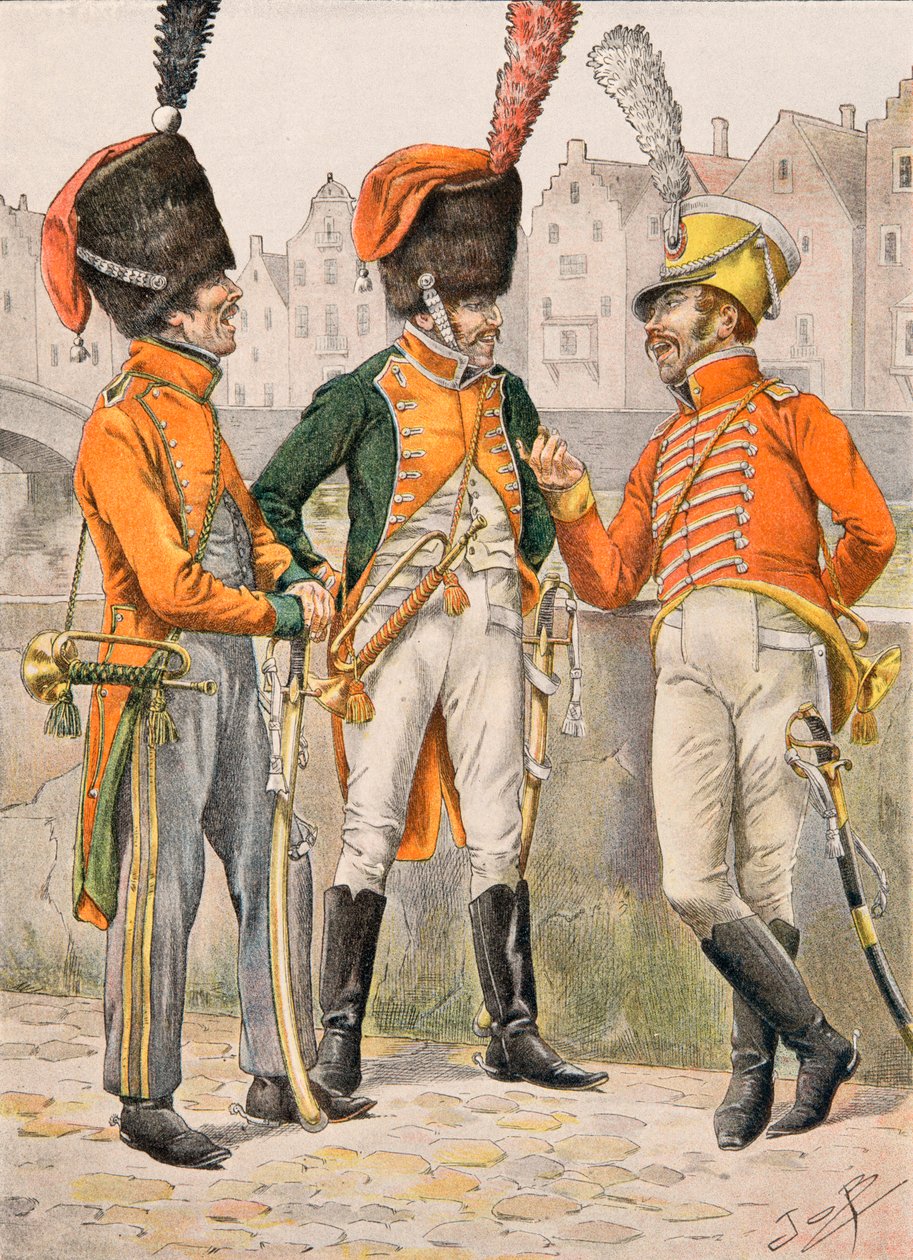 Jacques Marie Gaston Onfroy de Breville dit JOB (1858-1931) - Alltid de franska truppernas outfit: Trumpets of the 14, eme, 23, eme, 24, eme regements of jägare till häst före 1812, privat samling av pseudonym for Onfray de Breville Jacques Job
