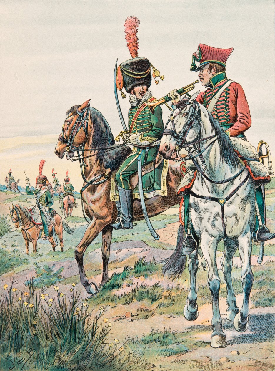 Jacques Marie Gaston Onfroy de Breville dit JOB (1858-1931) - Alltid de franska truppernas outfit: Trumpet of the Legers Horses of Arenbergf (1807), Privat samling av pseudonym for Onfray de Breville Jacques Job