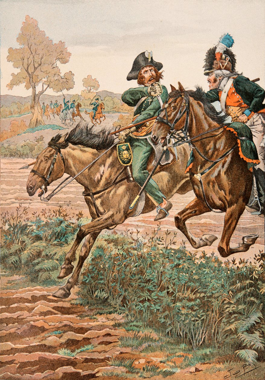 Jacques Marie Gaston Onfroy de Breville dit JOB (1858-1931) - Alltid de franska truppernas klädsel: Cavalier Vendeen och piqueur (eller Piconnier) på hästen av Germanique Legion (1793), Privat samling av pseudonym for Onfray de Breville Jacques Job