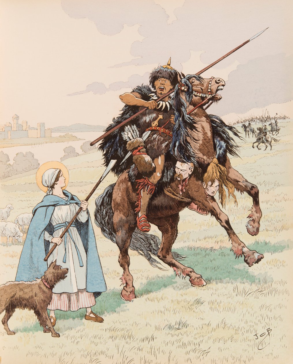 Jacques Marie Gaston Onfroy de Breville dit JOB (1858-1931) - Sainte genevieve under belägringen av Paris 451 avvisar invasionen av hunnerna med deras ledare Attila, Private Collection av pseudonym for Onfray de Breville Jacques Job