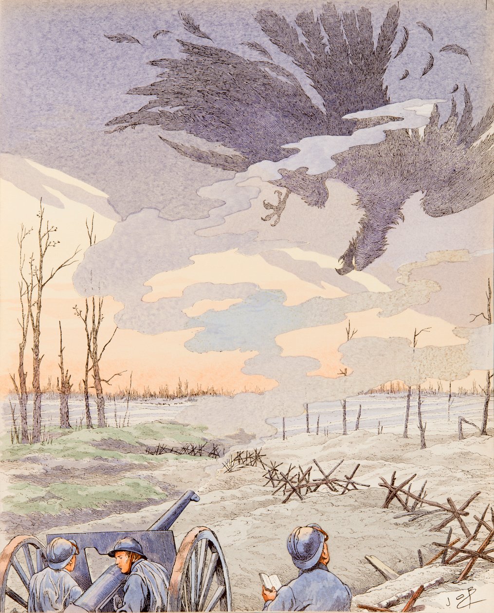 Jacques Marie Gaston Onfroy de Breville dit JOB (1858-1931) - 75-kanonen (allegori om 75-kanonen som skjuter den tyska örnen under första världskriget), privat samling av pseudonym for Onfray de Breville Jacques Job