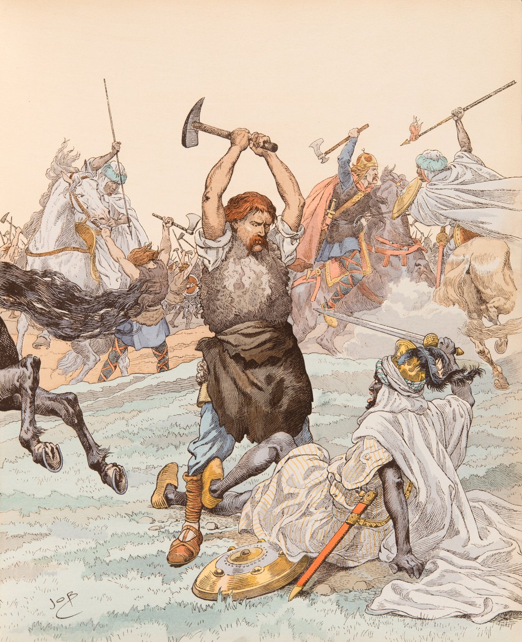 Jacques Marie Gaston Onfroy de Breville dit JOB (1858-1931) - Smeden från Poitiers under slaget vid Poitiers 732, privat samling av pseudonym for Onfray de Breville Jacques Job