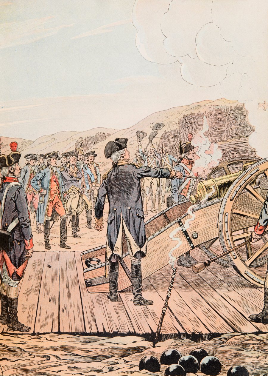 Jacques Marie Gaston Onfroy de Breville dit JOB (1858-1931) - Det första pistolskottet vid Yorktowns högkvarter i september 1781, privat samling av pseudonym for Onfray de Breville Jacques Job