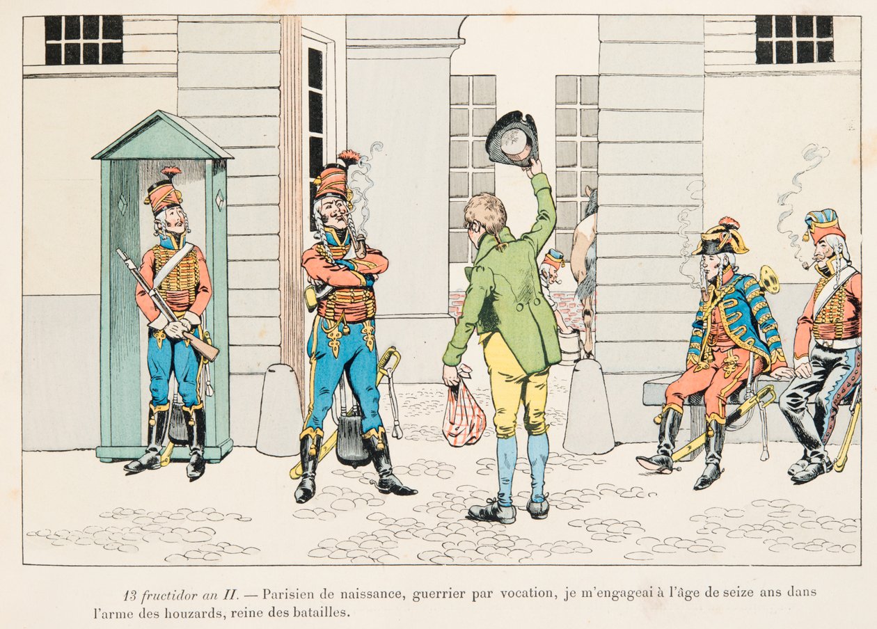 Jacques Marie Gaston Onfroy de Breville dit JOB (1858-1931) - ung man engagerad i Houzards (husarer) under franska revolutionen, privat samling av pseudonym for Onfray de Breville Jacques Job
