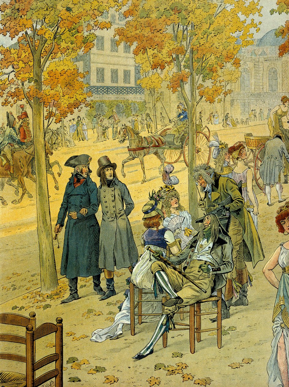 Jean Andoche Junot (Jean-Andoche) (1771-1813) och Napoleon I Bonaparte (1769-1821) går längs Boulevard de Coblenz (Boulevard de Ghent) i Paris framför The Incredible. Illustration av Jacques Marie Gaston Onfray de Breville dit JOB (1858-1931) av pseudonym for Onfray de Breville Jacques Job