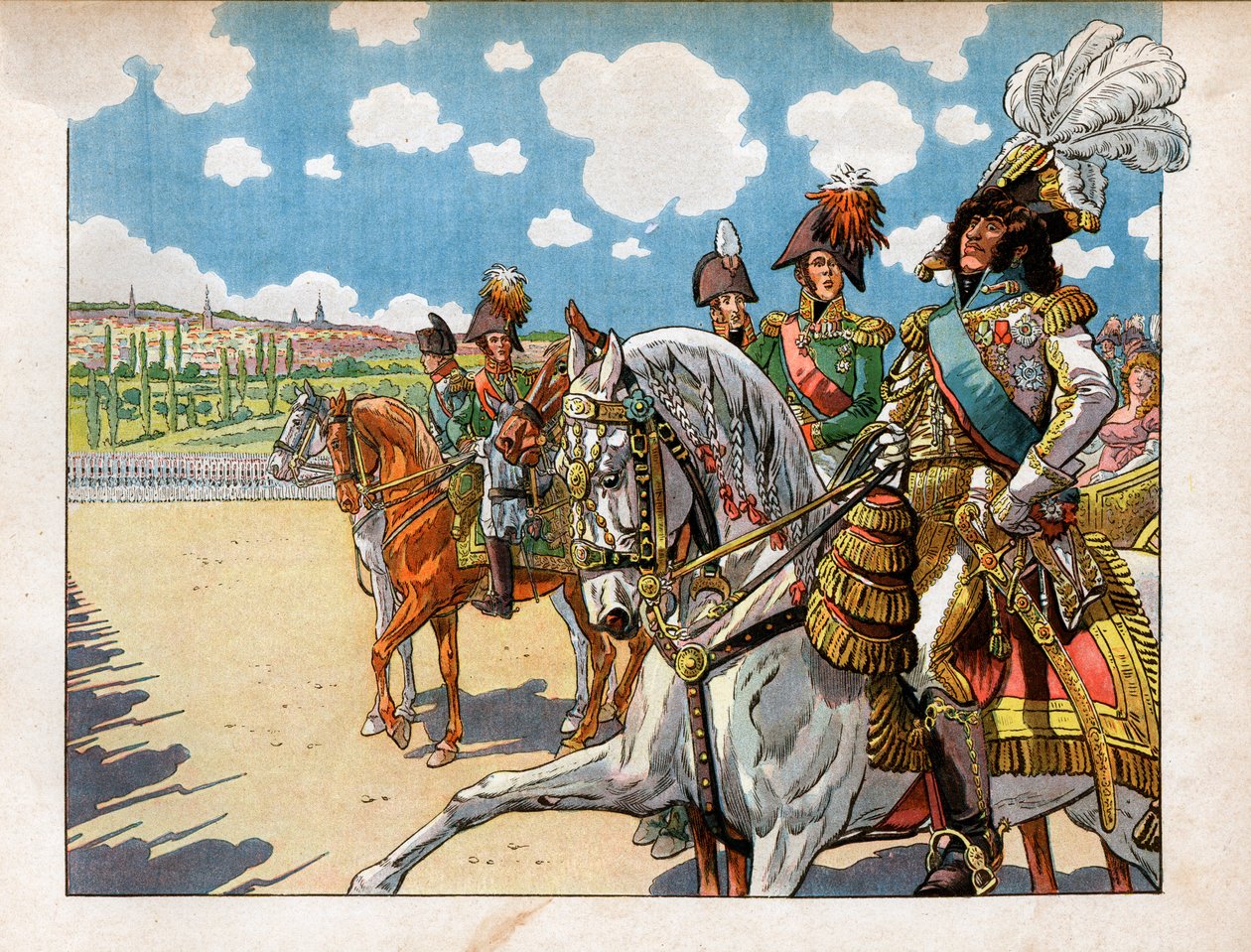 Joachim Murat (1767-1815) följde med Napoleon I Bonaparte (1869-1921) och Alexander I, Rysslands kejsare (1777-1825) under granskningen av trupperna under Tilsitfördraget den 7 juli 1807. Gravyr av Jacques Marie Gaston Onfray Breville dit Job (185 av pseudonym for Onfray de Breville Jacques Job