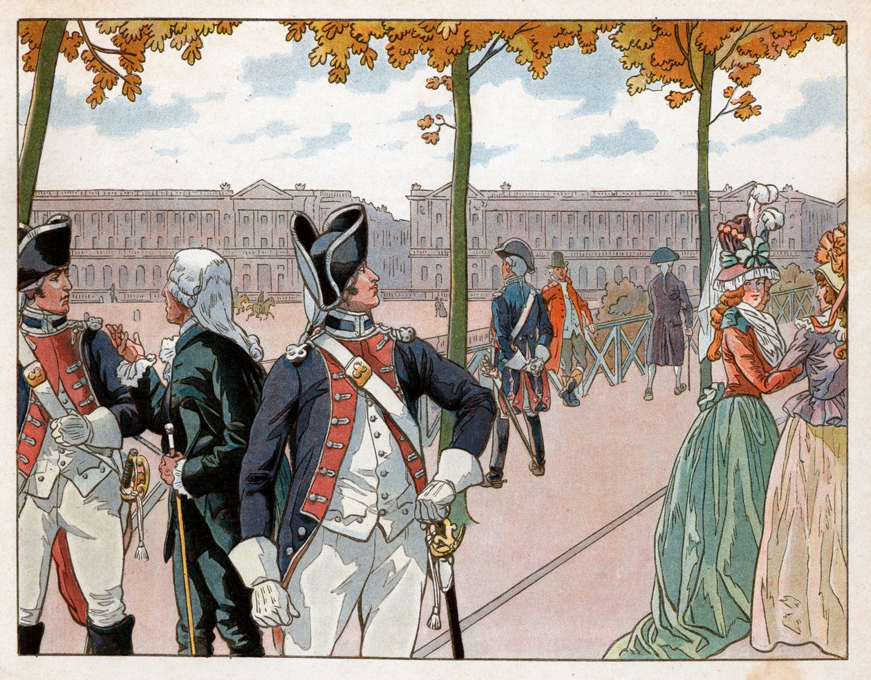Joachim Murat (1767-1815) och Bessieres i Paris 1791 iklädda kostymen av kungens författningsvakt. Gravyr av Jacques Marie Gaston Onfray de Breville dit Job (1858-1931) av pseudonym for Onfray de Breville Jacques Job