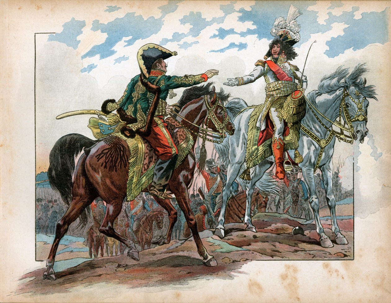 Joachim Murat (1767-1815) och general Antoine Charles Louis de La Salle (Lasalle) (1775-1809) under slaget vid Heilsberg 1807. Gravyr av Jacques Marie Gaston Onfray de Breville dit Job (1858-1931) av pseudonym for Onfray de Breville Jacques Job