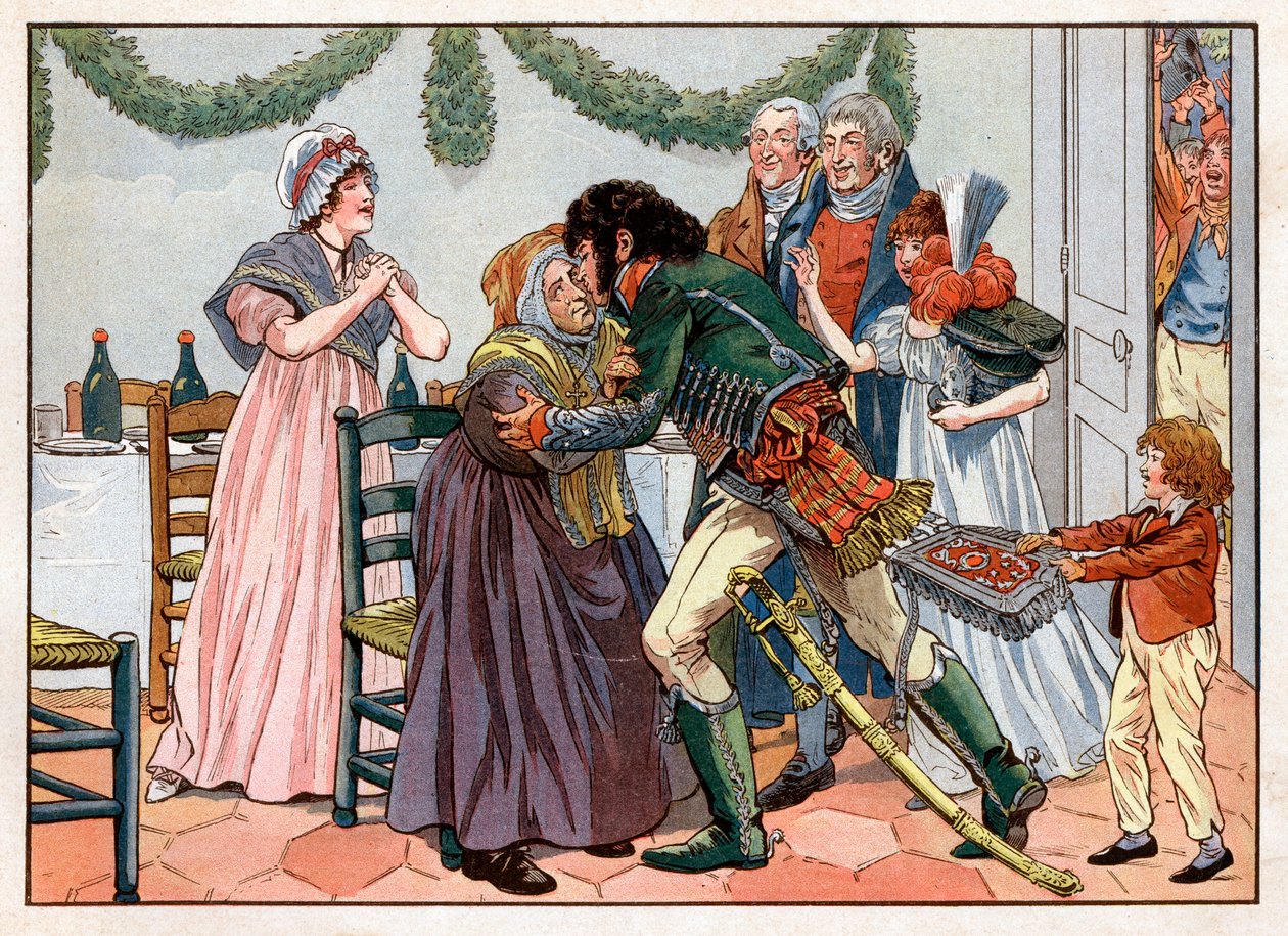 Joachim Murat (1767-1815) där hemma kysser sin mamma i familjens värdshus. Gravyr av Jacques Marie Gaston Onfray de Breville dit Job (1858-1931) av pseudonym for Onfray de Breville Jacques Job