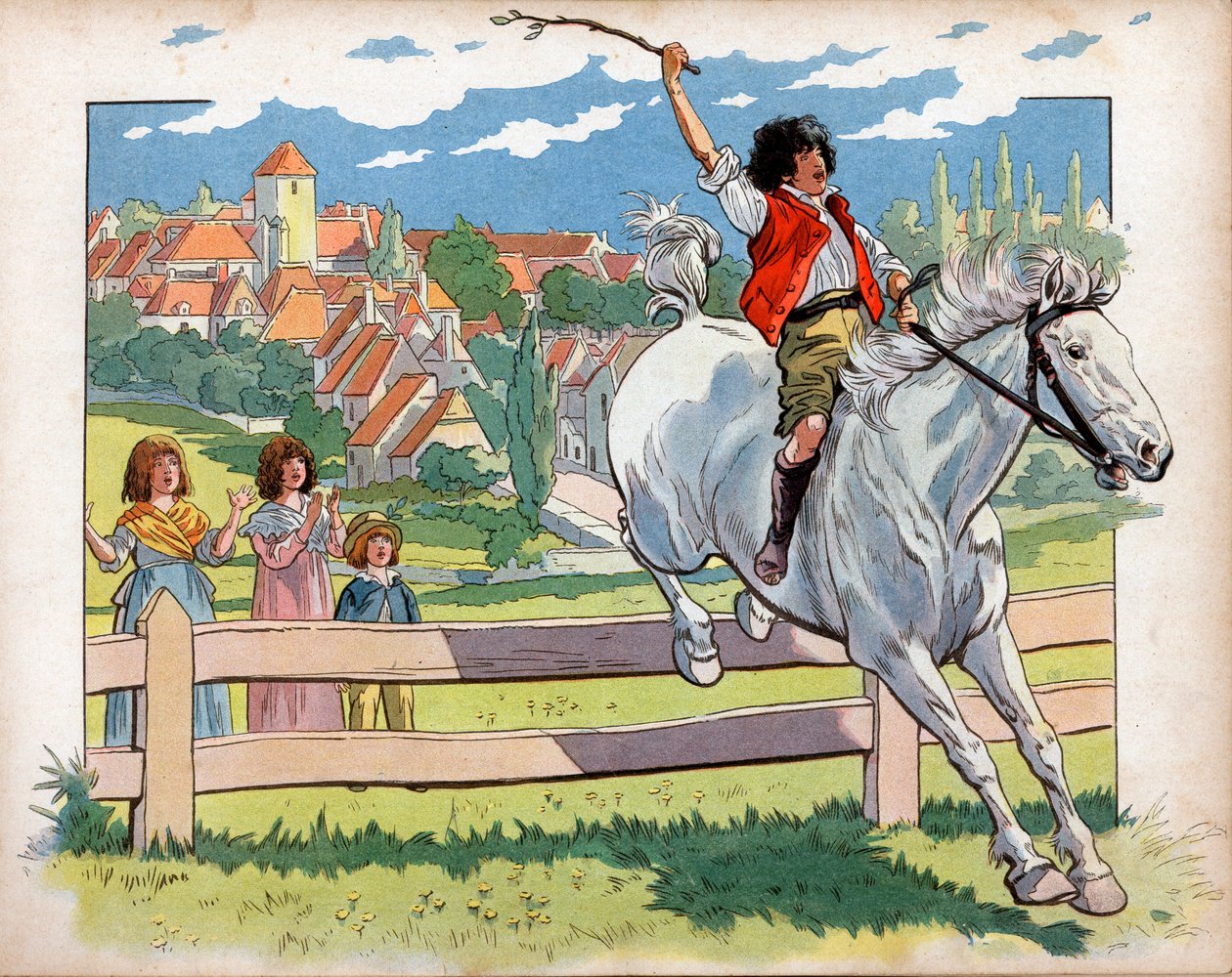 Joachim Murat (1767-1815) barn på en häst tränar på att hoppa häckar. Gravyr av Jacques Marie Gaston Onfray de Breville dit Job (1858-1931) av pseudonym for Onfray de Breville Jacques Job