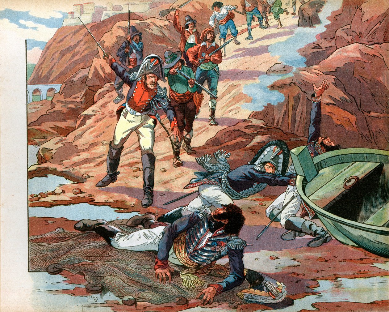 Joachim Murat (1767-1815), dechu kung av Neapel, tillfångatagen i Pizzo i Kalabrien av den fientliga folkmassan 1815. Gravyr av Jacques Marie Gaston Onfray de Breville dit Job (1858-1931) av pseudonym for Onfray de Breville Jacques Job