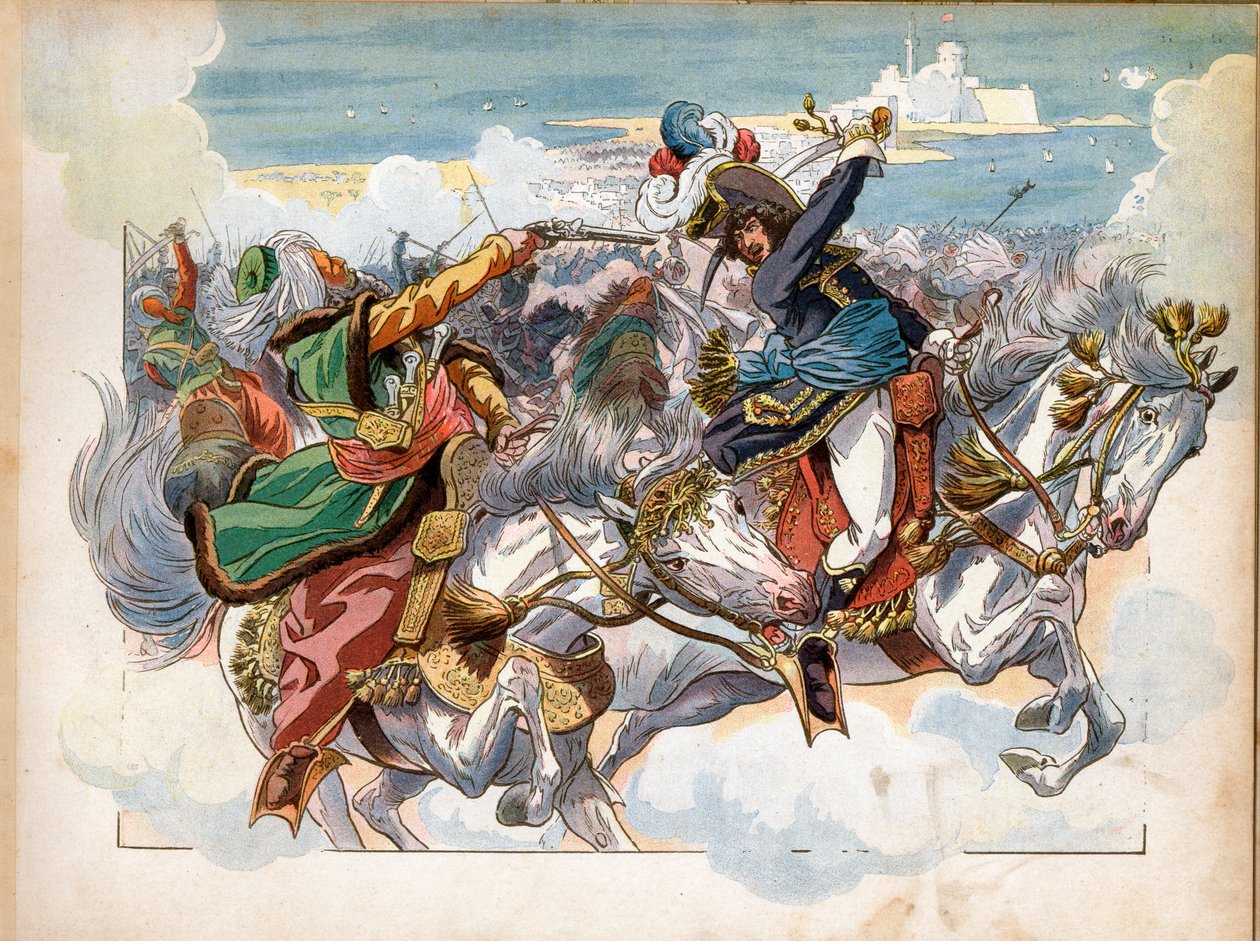 Joachim Murat (1767-1815) under slaget vid Aboukir 1799, under fälttåget (expeditionen) av Egypten, tillfångatog general Mustapha Pasha efter att ha blivit skjuten i käken; han gjordes till divisionsgeneral efter slaget. Gravyr av Jacques Marie Gaston Onfr av pseudonym for Onfray de Breville Jacques Job