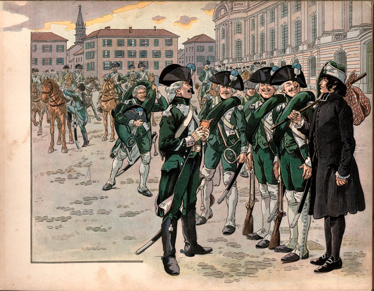 Joachim Murat (1767-1815) gick med i Ardennernas jägareregemente 1787. Gravyr av Jacques Marie Gaston Onfray de Breville dit Job (1858-1931) av pseudonym for Onfray de Breville Jacques Job