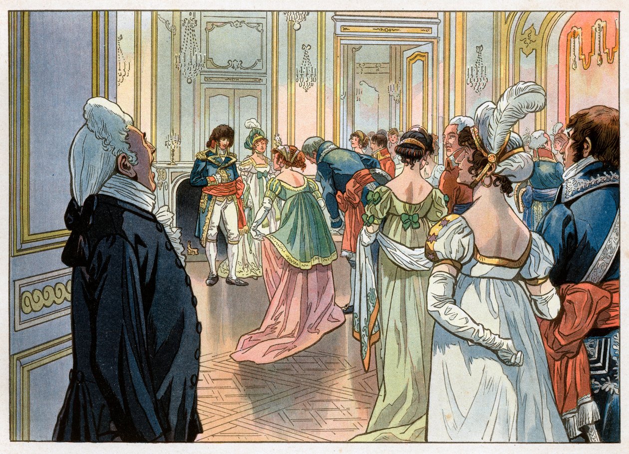Joachim Murat (1767-1815) dåvarande guvernör i Paris och hans hustru Caroline Bonaparte (1782-1839) tog emot gästerna på en fest på hans hotellställe Vendome, Paris. Inbjudningar tillkännages av en tjänare och sedan vördas de inför sina gäster. Gravyr av av pseudonym for Onfray de Breville Jacques Job