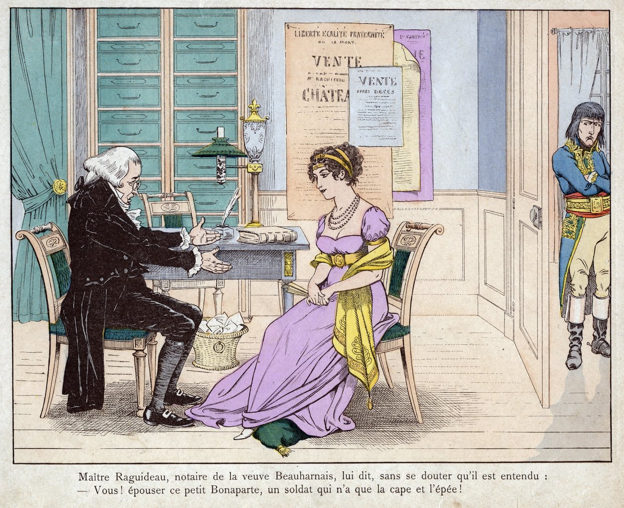 Josephine och notarie - Maitre Raguideau, notarie för änkan Beauharnais, sa till honom: Ni! gifta sig med denna lilla Bonaparte - Mästare Raguidea och Josephine - (Du! Gift dig med denna lilla Bonaparte) - litografi av Job (Jacques Onfroy de Breville) från av pseudonym for Onfray de Breville Jacques Job