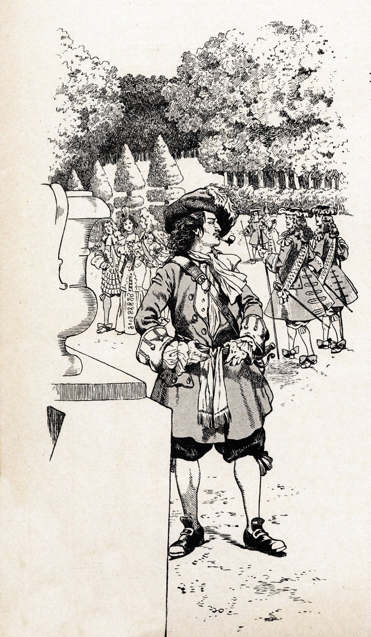 Kung Ludvig XIV av Frankrike kallade kung Soleil (1638-1715) med sina hovmän i Versailles trädgårdar. Illustration av Job (Jacques Marie Gaston Onfray och Breville) (Jacques-Marie) (1858-1931) för boken "De stora historiska orden i landet Frankrike" av pseudonym for Onfray de Breville Jacques Job