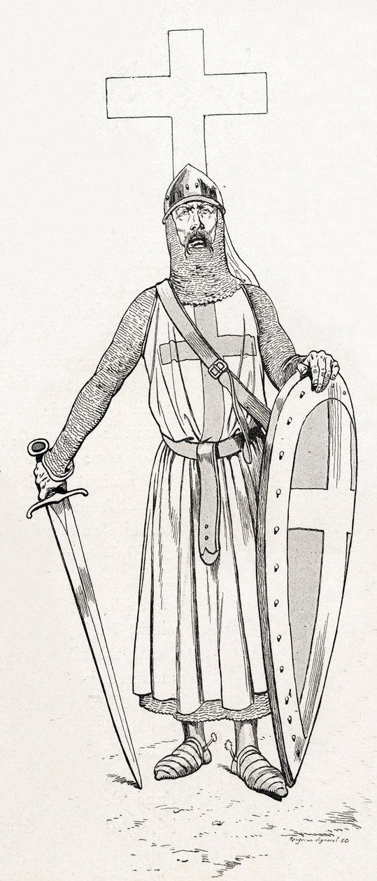 Riddare av Ludvig IX känd som Saint Louis (1214-1270) i ​​korstågsdräkt. Illustration av Job (Jacques Marie Gaston Onfray och Breville) (Jacques-Marie) (1858-1931) för boken "Les grands mots historique du pays de France"" 1915. Privésamling. av pseudonym for Onfray de Breville Jacques Job