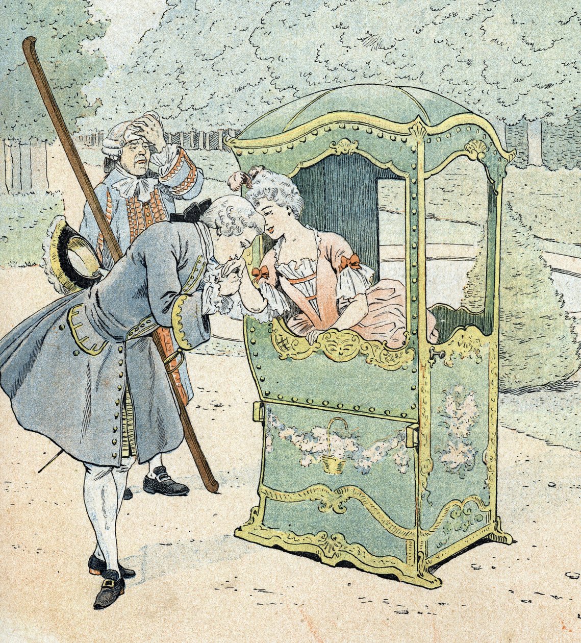 Dam av adeln på 1700-talet, i en stol med bärare som tar emot kysshanden av pseudonym for Onfray de Breville Jacques Job