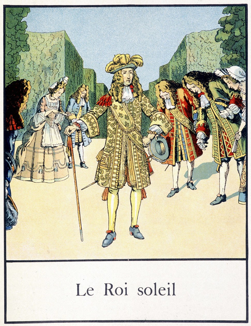 Solkungen (Louis XIV i Versailles trädgårdar omgiven av sin innergård) - i "" Petite histoire de France"" av Jacques Bainville, red. Mane av pseudonym for Onfray de Breville Jacques Job