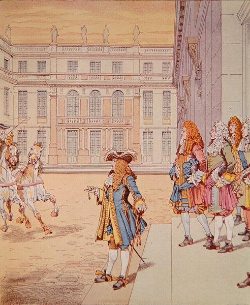 Ludvig XIV på gården i Versailles yttrar sin berömda fras 