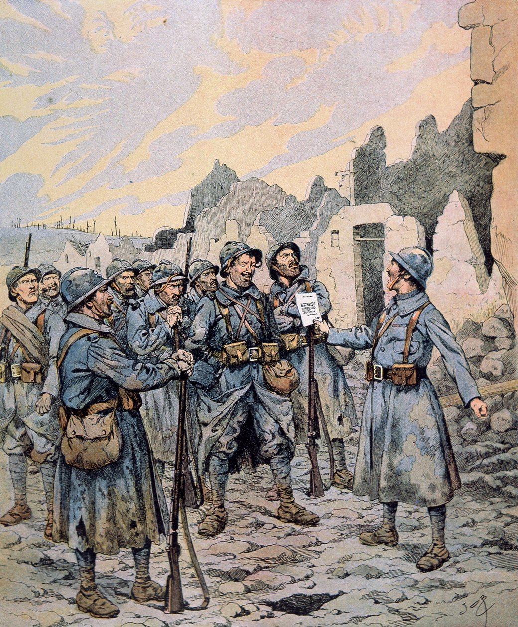Myteri i den franska armén på västfronten, april-maj 1917 (färg litho) av pseudonym for Onfray de Breville Jacques Job