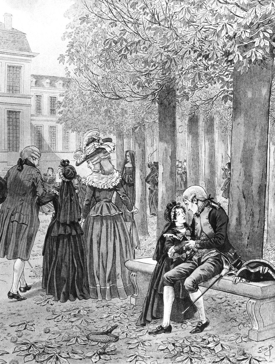 Napoleon Bonaparte (1769-1821) tar över sin syster Elisa vid St. Cyr ca 1784, illustration från "Bonaparte" av G. Montorgueil av pseudonym for Onfray de Breville Jacques Job