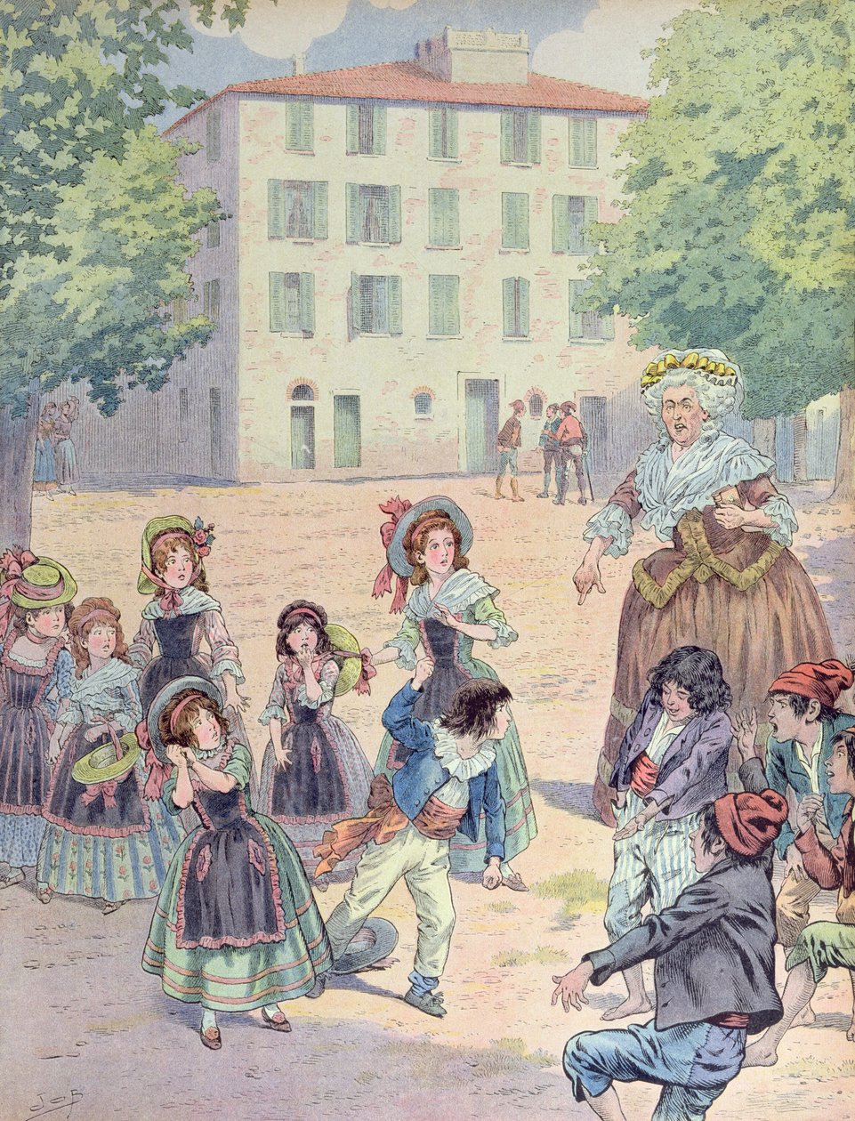 Napoleon Bonaparte (1769-1821) som barn i en tvist med sina kamrater framför sitt hem i Ajaccio, Korsika, ca 1910 (färg litho) av pseudonym for Onfray de Breville Jacques Job