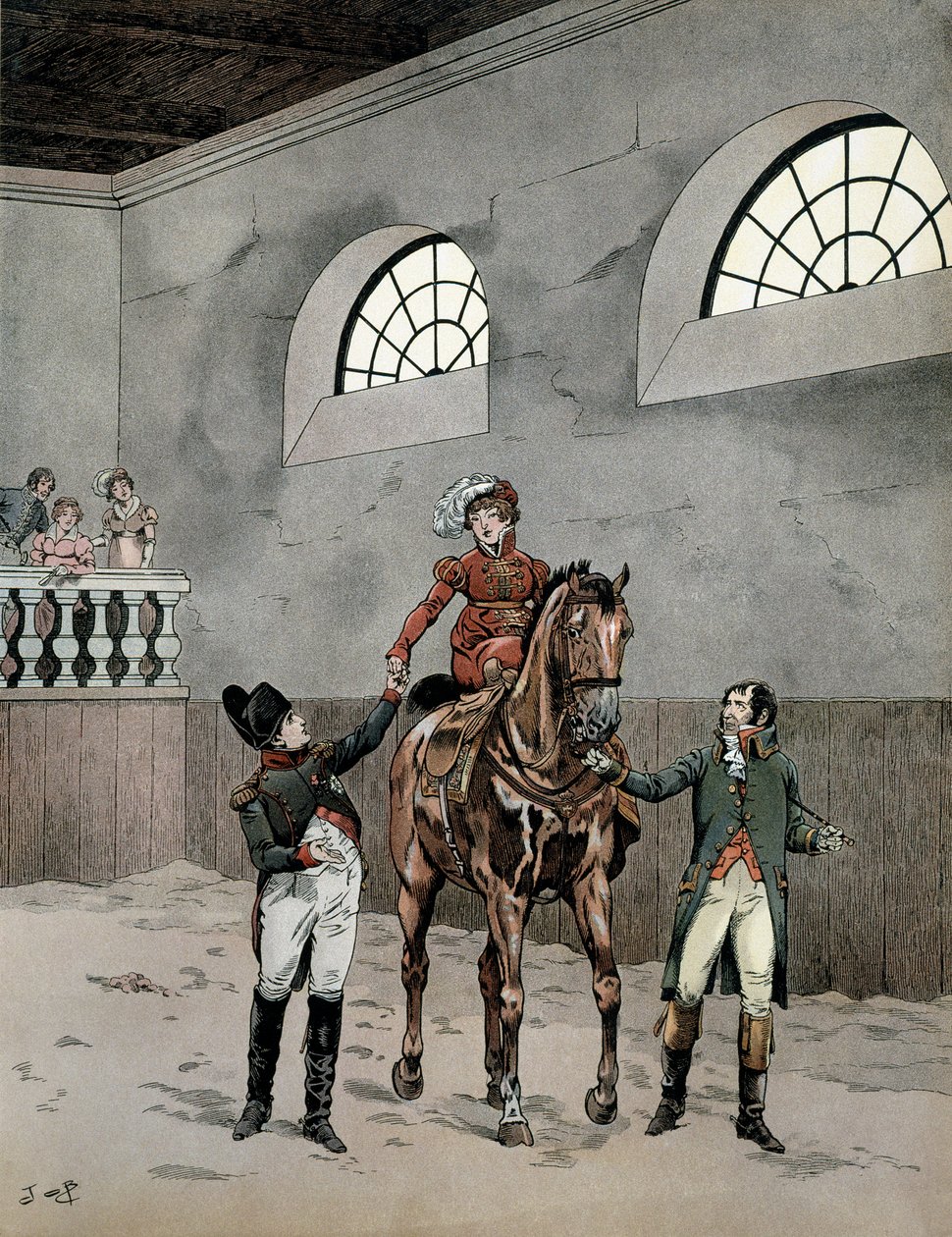 Napoleon I Bonaparte (1729-1821) deltog i ridlektioner för imponerande Marie Louise av Österrike (1791-1847). I "" Napoleon"" av Georges Montorgueil. Illustration av Jacques Marie Gaston Onfray de Breville dit JOB (1858-1931) av pseudonym for Onfray de Breville Jacques Job