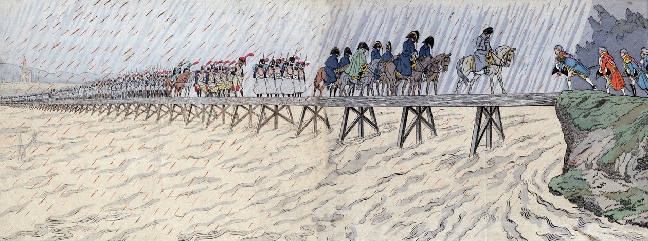 Napoleon I Bonaparte (1769-1821) och hans armé passerade Rhen den 1 oktober 1805 - Napoleon korsar Rhen (Rhen) nära Kehl av pseudonym for Onfray de Breville Jacques Job