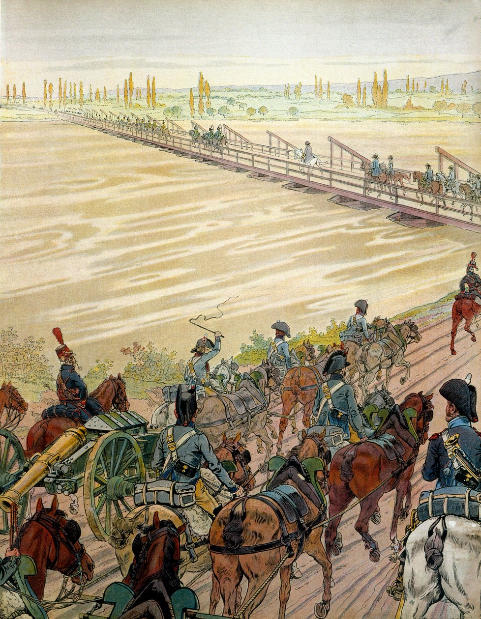 Napoleon I Bonaparte (1769-1821) och hans armé passerade Rhen den 1 oktober 1805. I "" Napoleon"" av Georges Montorgueil. Illustration av Jacques Marie Gaston Onfray de Breville dit JOB (1858-1931) av pseudonym for Onfray de Breville Jacques Job