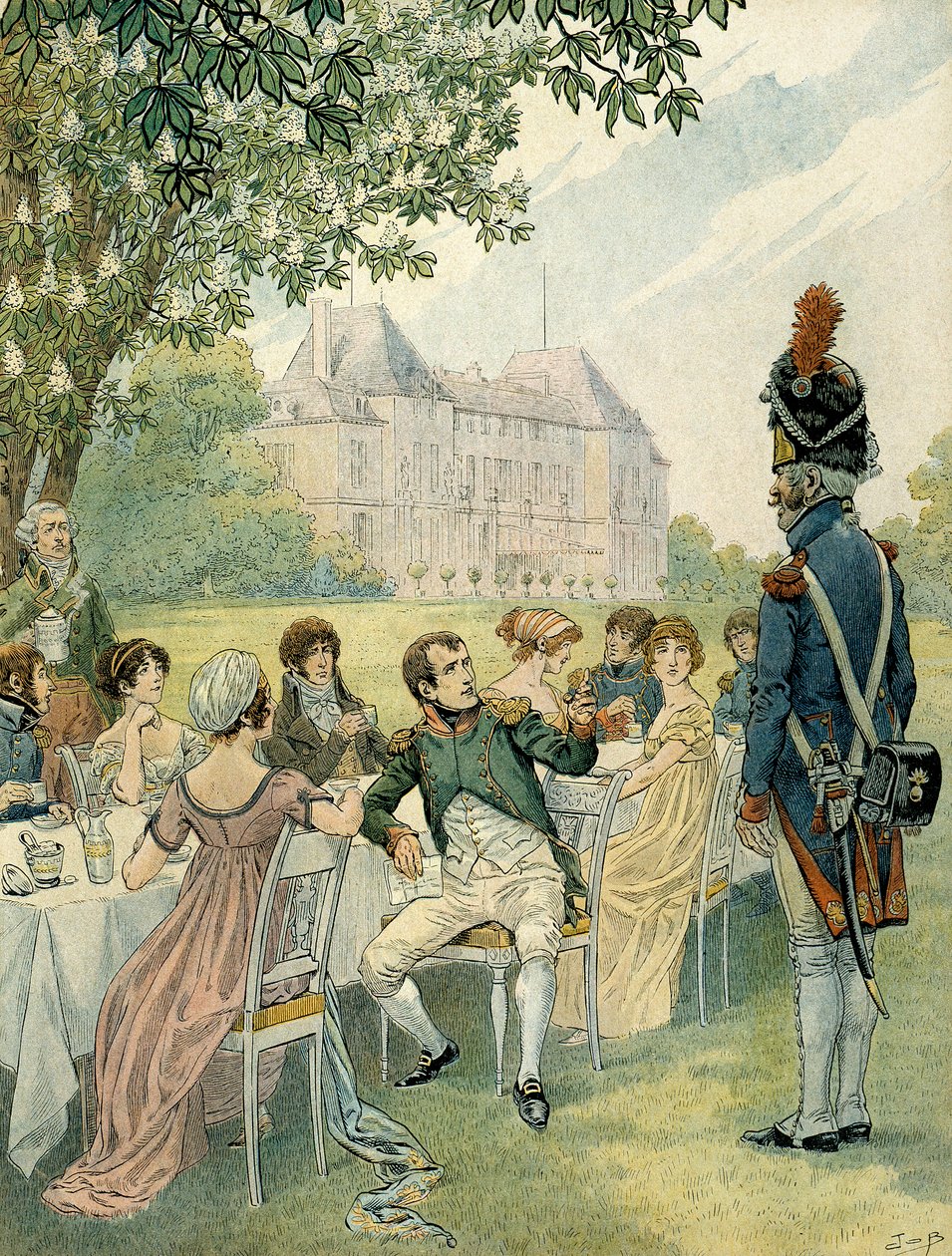 Napoleon I Bonaparte (1769-1821) under en lunch i trädgårdarna på slottet Malmaison. Illustration av Jacques Marie Gaston Onfray de Breville dit JOB (1858-1931). Privat samling av pseudonym for Onfray de Breville Jacques Job