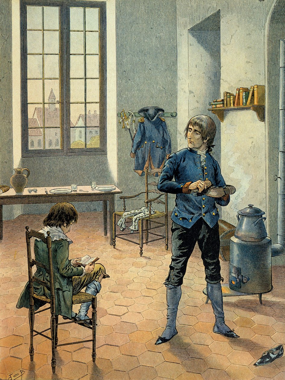 Napoleon I Bonaparte (1769-1821) i garnison i Auxonne med sin bror Louis Bonaparte (1778-1846) läser mellan 1788 och 1789. Illustration av Jacques Marie Gaston Onfray de Breville dit JOB (1858-1931) av pseudonym for Onfray de Breville Jacques Job