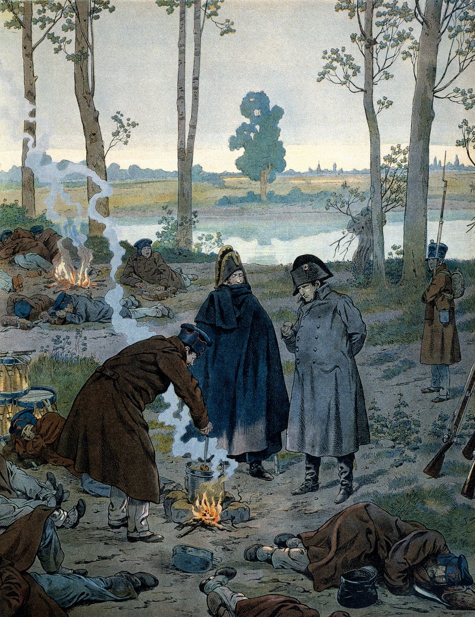 Napoleon I Bonaparte (1769-1821) i bivackerna på tröskeln till slaget vid Waterloo 1815. I "" Napoleon"" av Georges Montorgueil. Illustration av Jacques Marie Gaston Onfray de Breville dit JOB (1858-1931) av pseudonym for Onfray de Breville Jacques Job