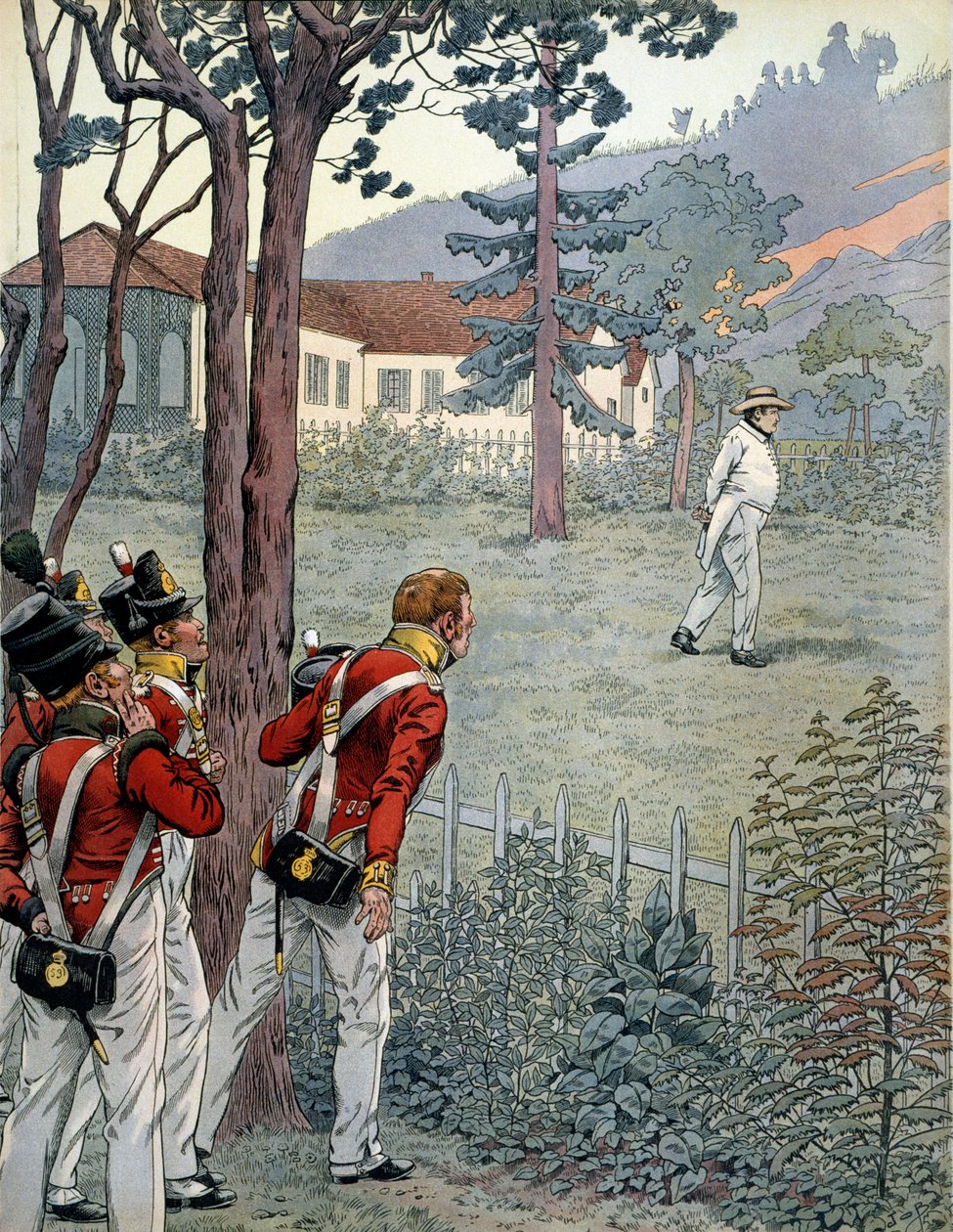 Napoleon I Bonaparte (1769-1821) under den brittiska arméns förvånade blick i fångenskap på ön Saint Helene (Sainte-Helene) av pseudonym for Onfray de Breville Jacques Job