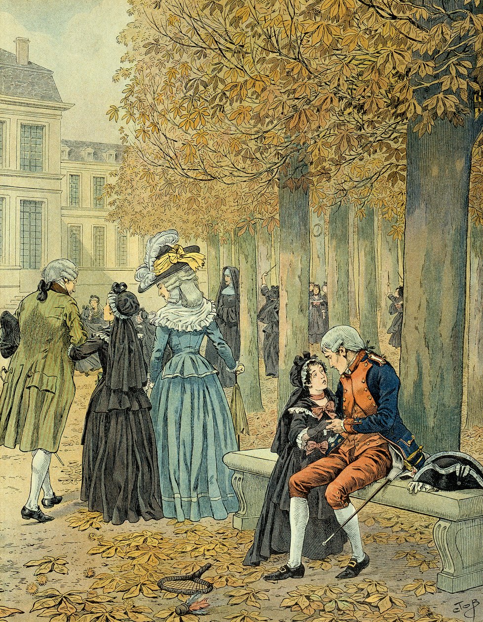 Napoleon I Bonaparte (1769-1821) besökte sin syster Elisa Bonaparte (1777-1820) i kungahuset Saint Cyr (Saint-Cyr). Illustration av Jacques Marie Gaston Onfray de Breville dit JOB (1858-1931) av pseudonym for Onfray de Breville Jacques Job