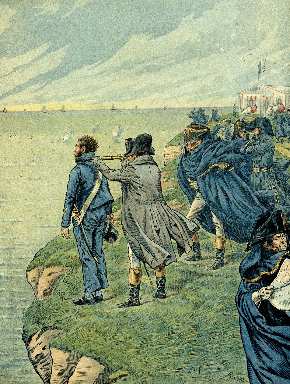 Napoleon I Bonaparte (1769-1821) besökte Boulognelägrets arsenal i juli 1804. Illustration av Jacques Marie Gaston Onfray de Breville dit JOB (1858-1931). Privat samling av pseudonym for Onfray de Breville Jacques Job