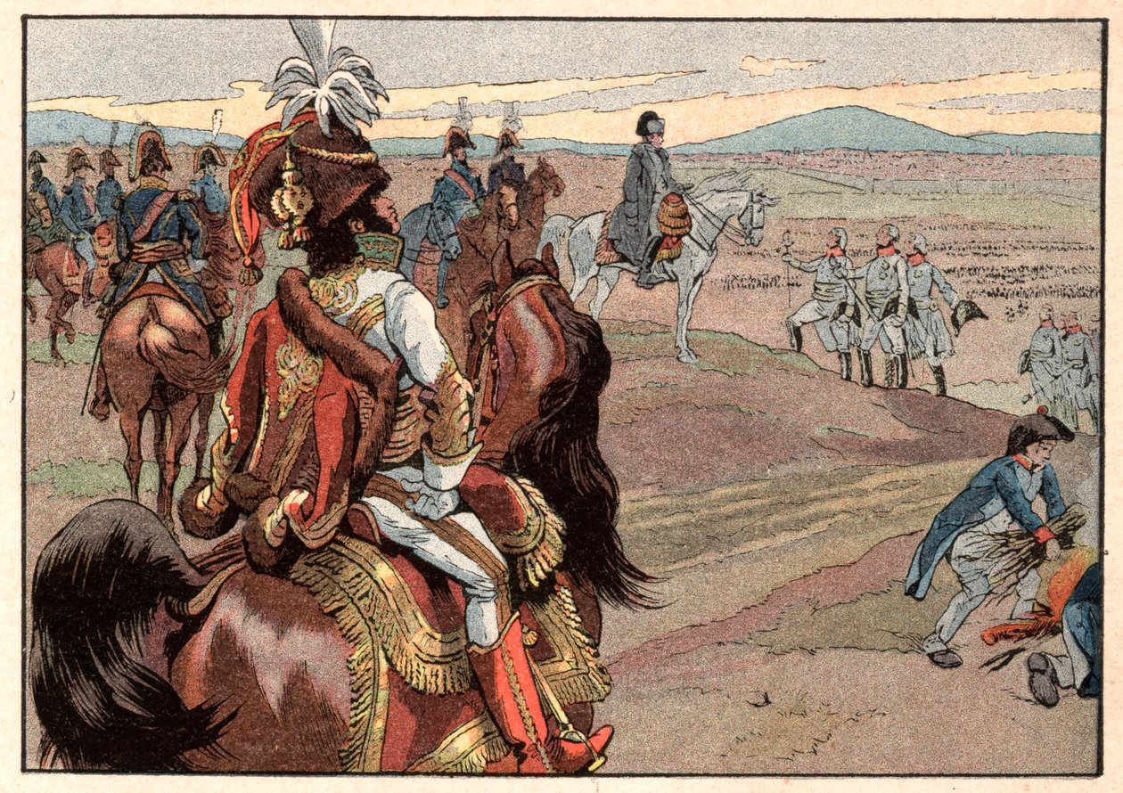 Napoleon I Bonaparte (1769-1821) med Joachim Murat (1767-1815) under kapitulationen av Ulm 1805. Gravyr av Jacques Marie Gaston Onfray de Breville dit Job (1858-1931) av pseudonym for Onfray de Breville Jacques Job