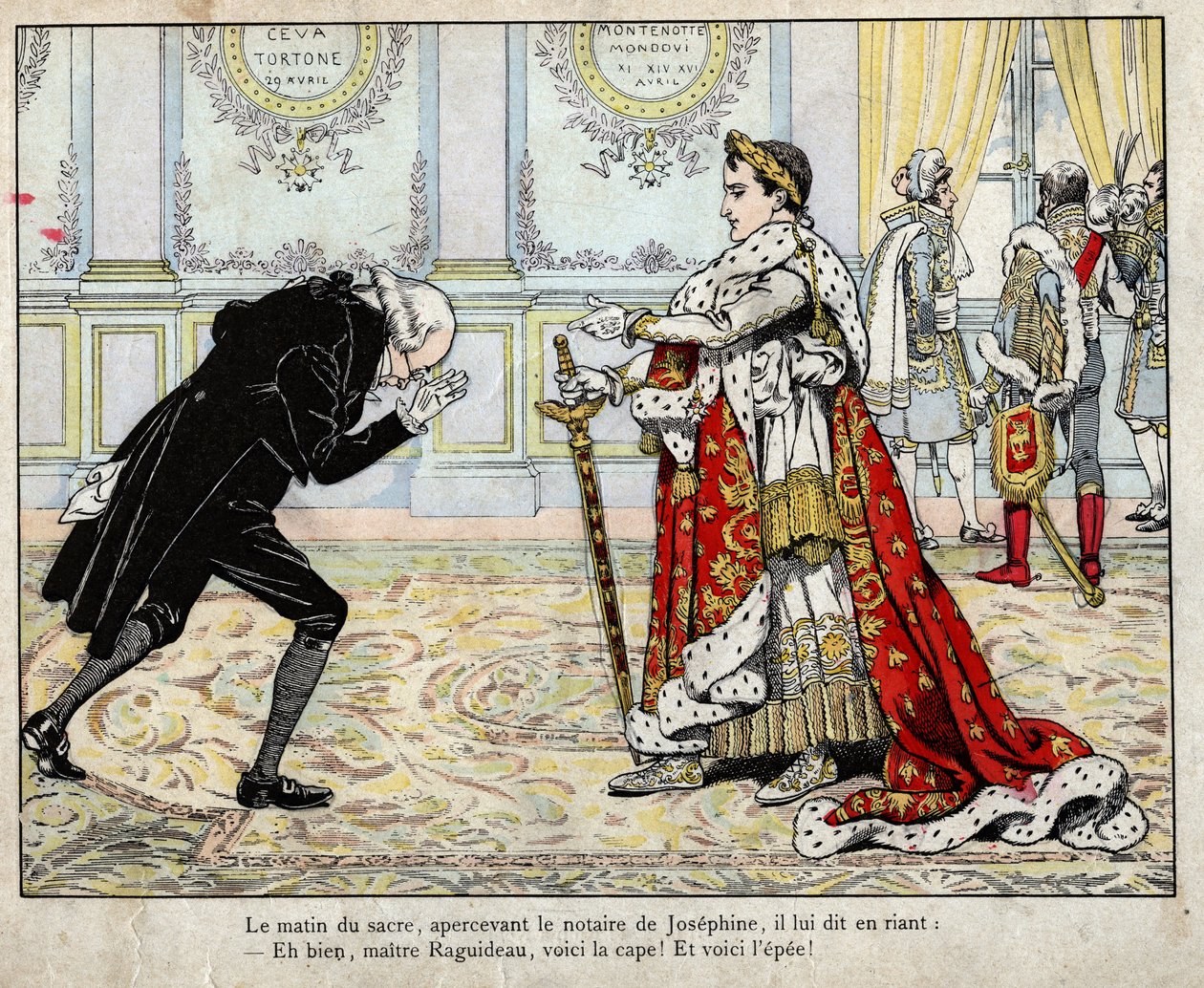 Napoleon och notarie Raguideau, kröningsmorgonen 1804 - litografi av Job (Jacques Onfroy de Breville) från "" Le Grand Napoleon des Petites Enfants""" 1893 av pseudonym for Onfray de Breville Jacques Job
