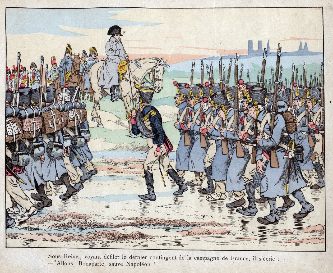 Napoleon tittar på arméns sista kontingent på den franska landsbygden nära Reims, 16 mars av pseudonym for Onfray de Breville Jacques Job