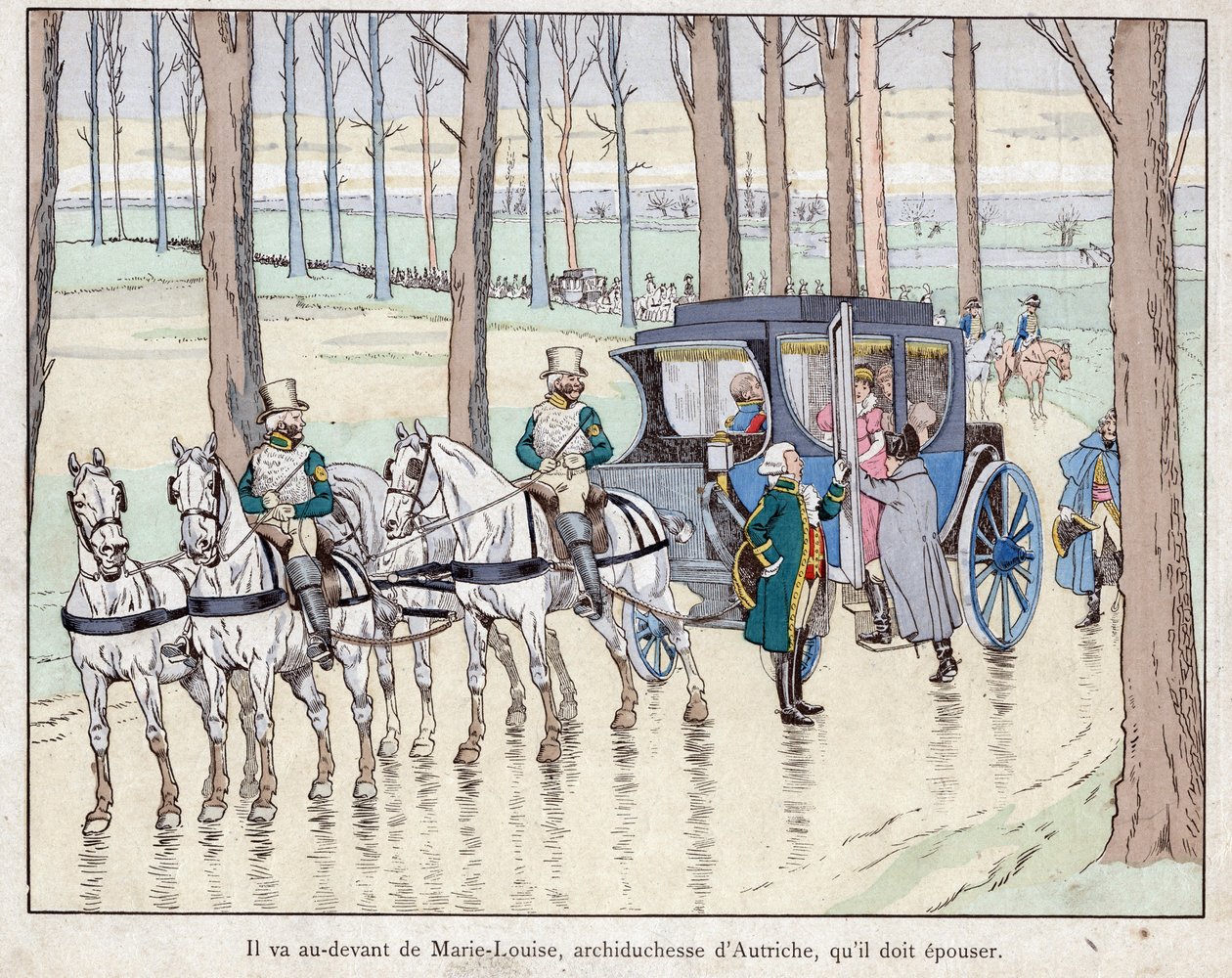 Napoleon möter ärkehertiginnan Marie-Louise av Österrike - 1810 - litografi av Job (Jacques Onfroy de Breville) från "" Le Grand Napoleon des Petites Enfants""" 1893 av pseudonym for Onfray de Breville Jacques Job