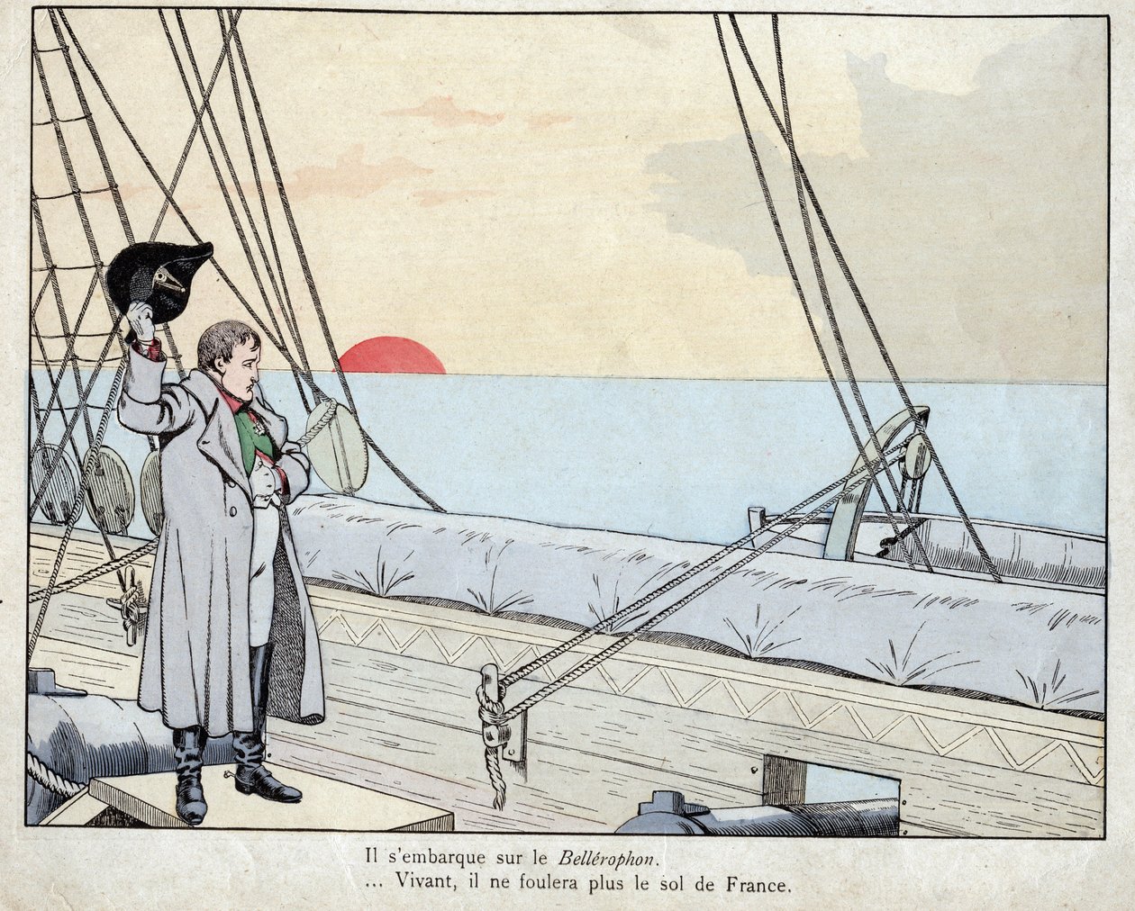 Napoleon ombord på HMS Bellerophon 1815 - litografi av Job (Jacques Onfroy de Breville) från "" Le Grand Napoleon des Petites Enfants""" 1893 av pseudonym for Onfray de Breville Jacques Job
