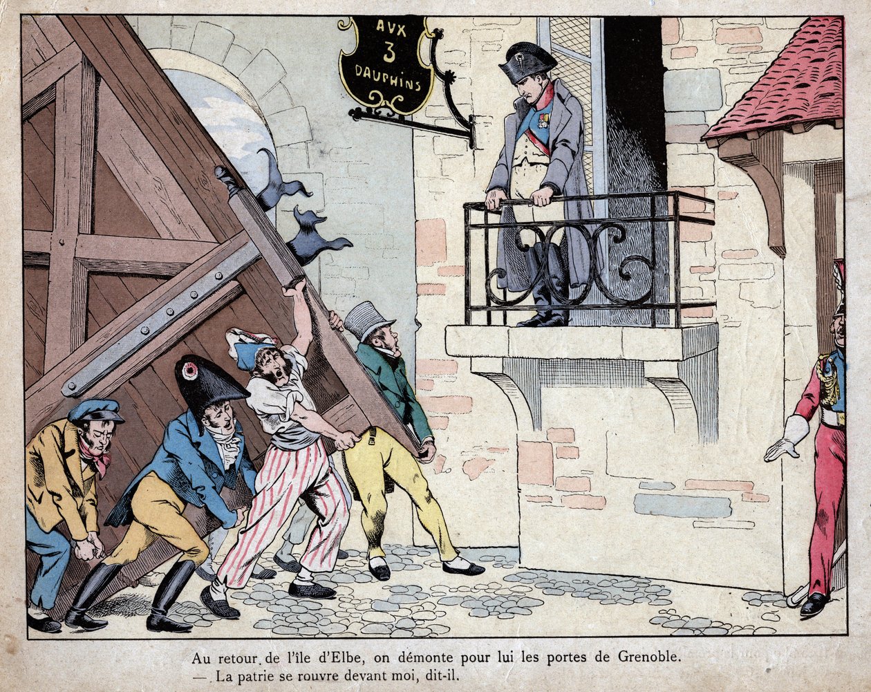 Napoleon samlar sina soldater till Grenoble när han återvände från Elba - Staden Grenoble öppnar sina portar för Napoleon när han återvände från exil på Elba, 7 mars 1815 - litografi av Job (Jacques Onfroy de Breville) från "" Le Grand Napoleon des Petit av pseudonym for Onfray de Breville Jacques Job