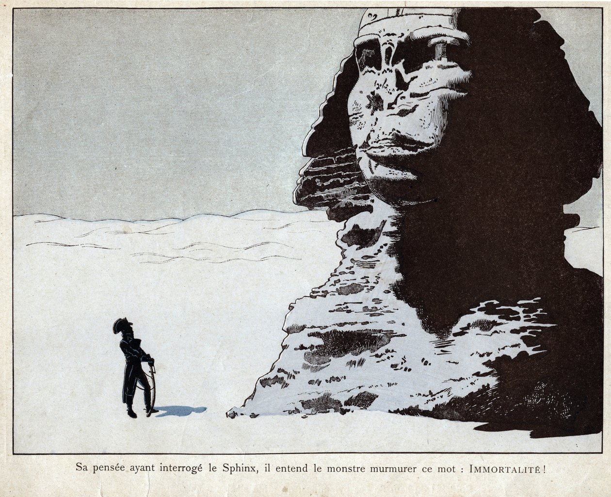 Napoleon studerar sfinxen i Egypten - litografi av Job (Jacques Onfroy de Breville) från "" Le Grand Napoleon des Petites Enfants""" 1893 av pseudonym for Onfray de Breville Jacques Job