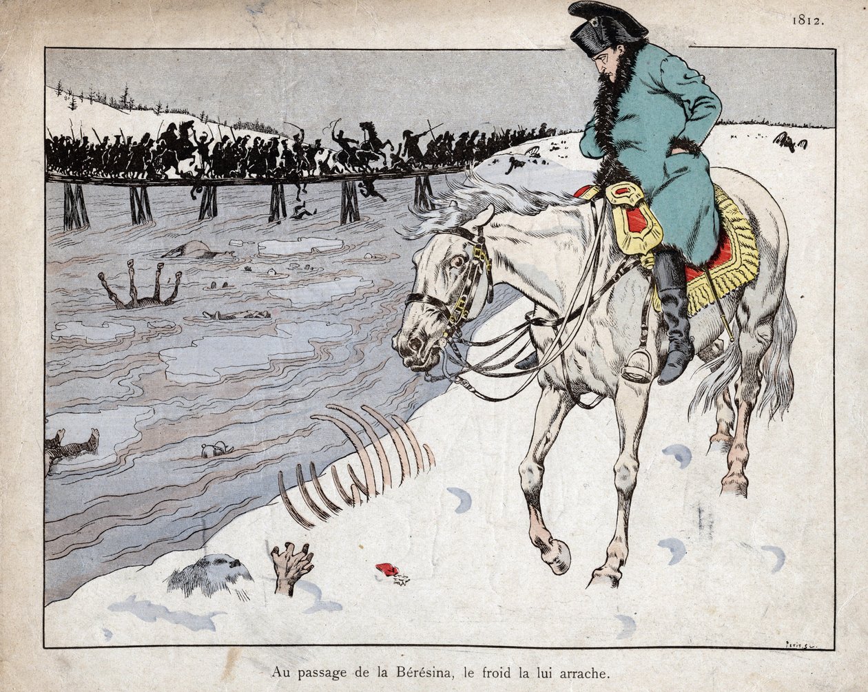 Napoleon tittar på resterna av sin Grand Armee korsar floden Berezina på reträtten från Moskva av pseudonym for Onfray de Breville Jacques Job
