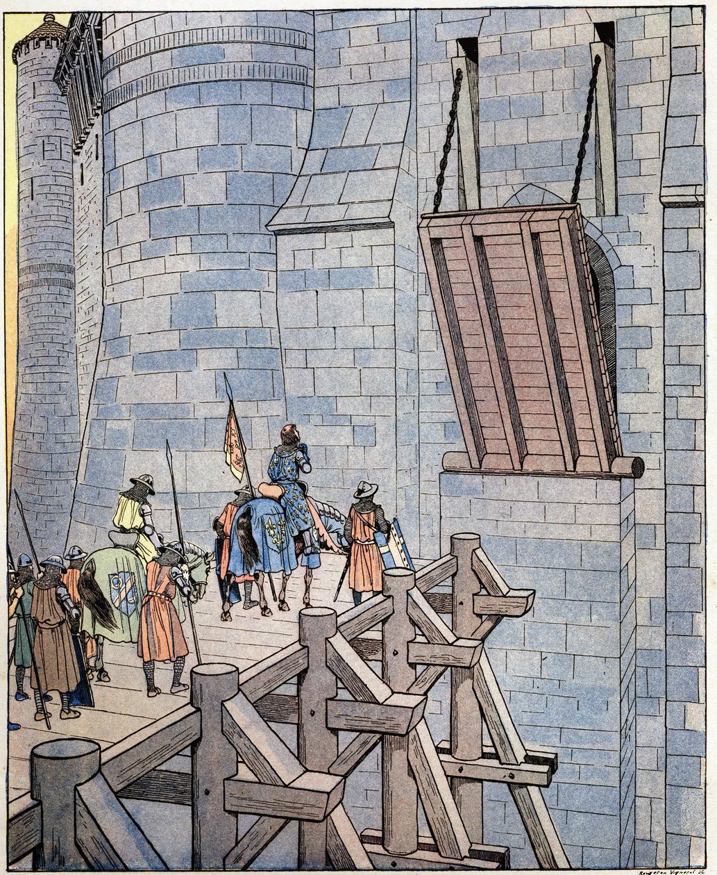 Öppna upp, det är Frankrikes förmögenhet! (eller "Öppen, det är Frankrikes olyckskonung!") Ord från Frankrikes kung Philip VI dit Philippe de Valois (1293-1350) anländer framför Levis-bron vid Chateau de Broye nära Crecy. Han skadades i Battl av pseudonym for Onfray de Breville Jacques Job