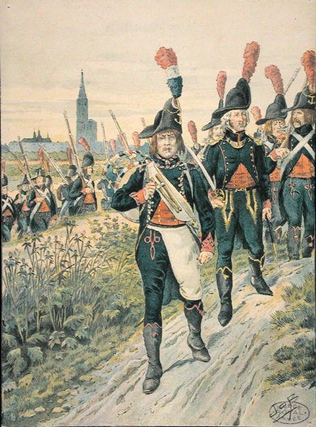Pontoneers of Strasbourg 1793 (färgad gravyr) av pseudonym for Onfray de Breville Jacques Job